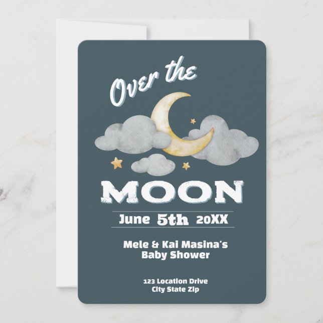 Over. the Moon Blue Baby Shower Custom Invitation (Front)