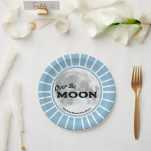 Over. the Moon Blue Baby Shower Custom Paper Plate