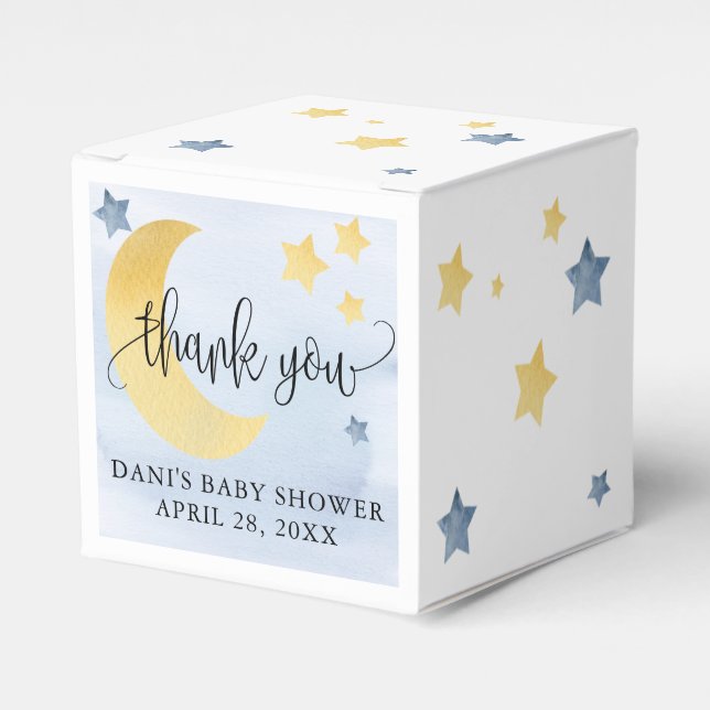 Over the Moon, Blue Baby Shower Moon Stars Small Favour Box (Front Side)