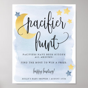 Over the Moon, Blue Baby Shower Pacifier Hunt Game Poster