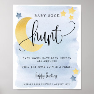 Over the Moon, Blue Baby Shower Sock Hunt Game Poster