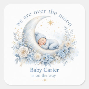 Over the Moon Blue Baby Shower with Custom Name Square Sticker