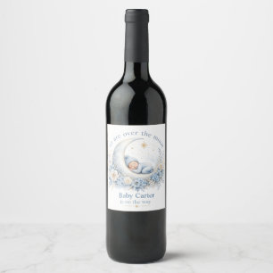 Over the Moon Blue Baby Shower with Custom Name Wine Label