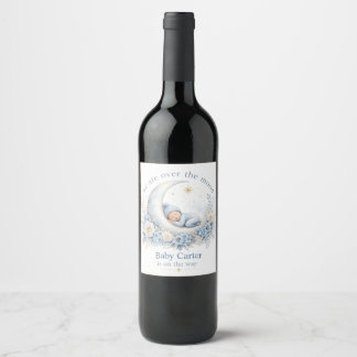 Over the Moon Blue Baby Shower with Custom Name Wine Label