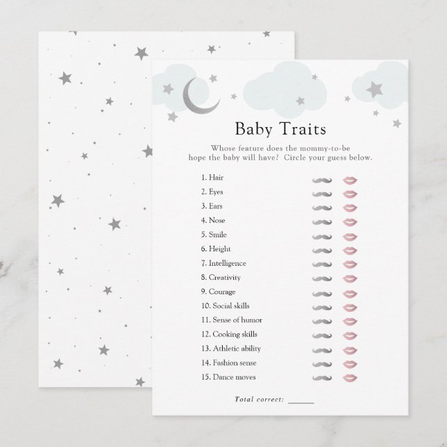 Over the Moon Blue Baby Traits Shower Game Card (Front/Back)