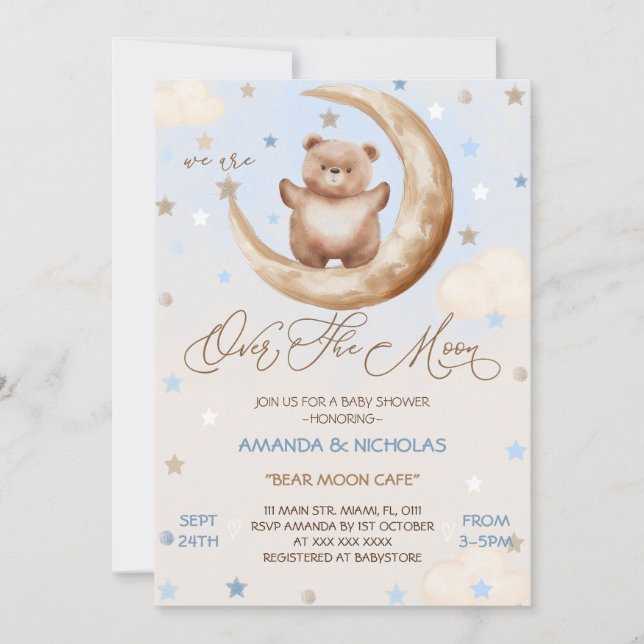 Over The Moon Blue Bear Boy Shower Invitation (Front)