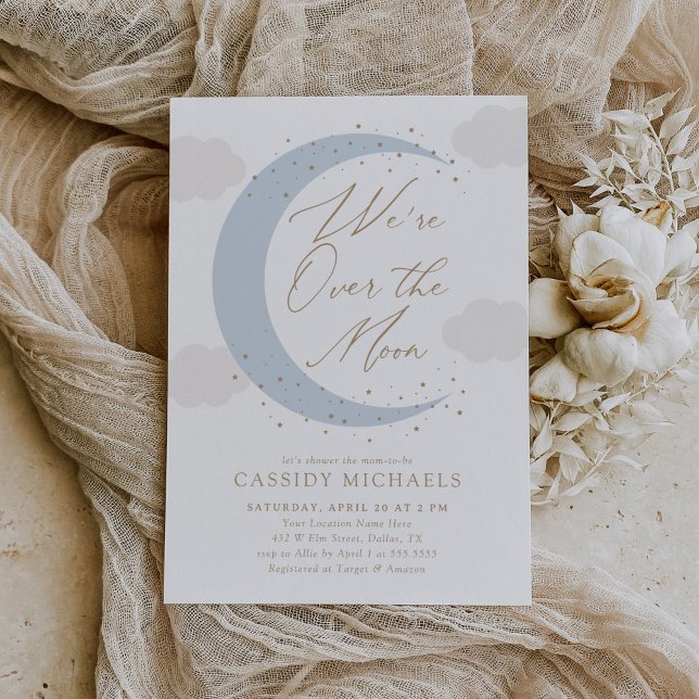 Over the Moon Blue Boy Baby Shower Invitation (Creator Uploaded)