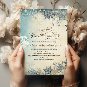 Over the Moon Blue Boy Baby Shower Invitation