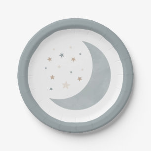 Over the Moon Blue Boy Baby Shower Paper Plate