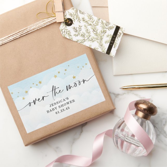 Over The Moon Blue Boy Baby Shower Rectangular Sticker (Gifting)