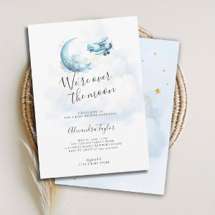 Over the Moon Blue Clouds Aeroplane Baby Boy Showe Invitation