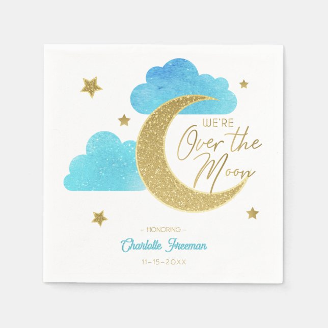 Over the Moon Blue & Gold Baby Shower Napkins (Front)