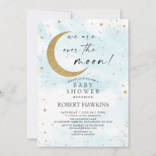 Over the Moon Blue Gold Boy Baby Shower Invitation