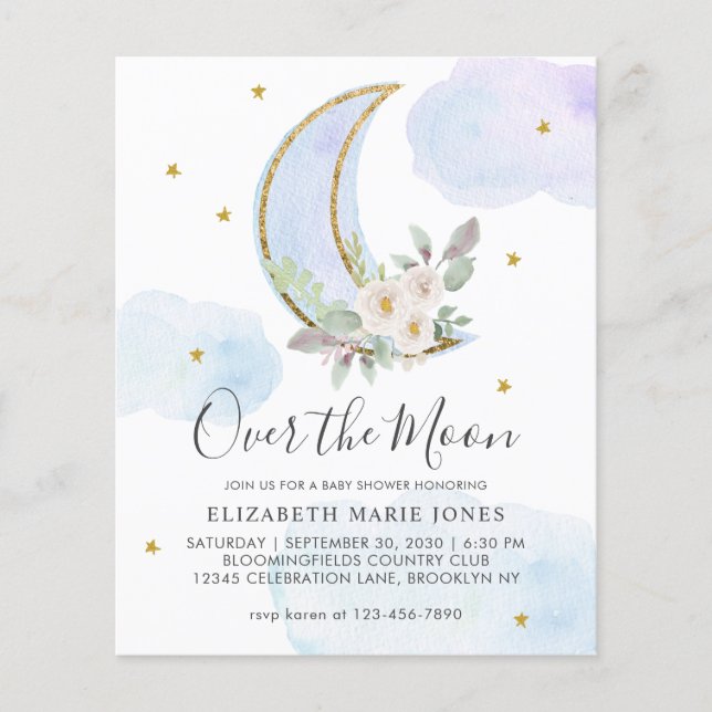 Over the Moon Blue Gold Floral Boy Baby Shower (Front)