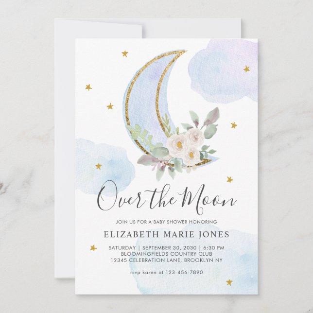 Over the Moon Blue Gold Floral Boy Baby Shower Invitation (Front)