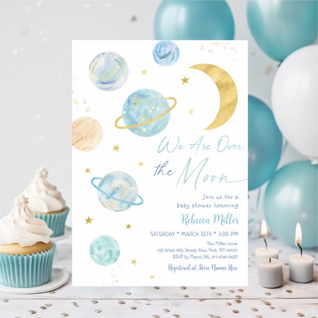 Over the Moon Blue Pastel Space Baby Shower Invitation (Creator Uploaded)
