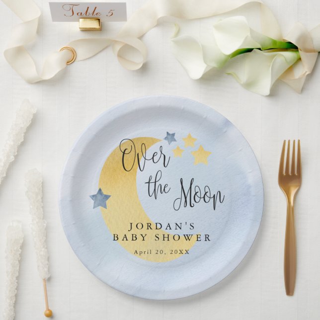 Over the Moon, Blue Personalised Baby Shower Paper Plate (Wedding)