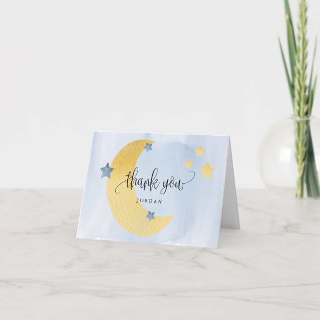 Over the Moon Blue Personalised Baby Shower  Thank You Card (Front)