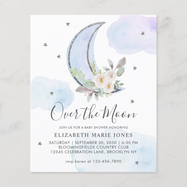 Over the Moon Blue Silver Floral Boy Baby Shower (Front)