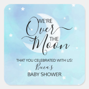 Over The Moon Blue Thank You Baby Shower Square Sticker