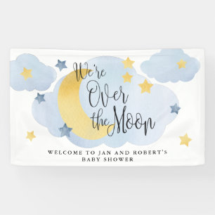 Over the Moon, Blue Watercolor Baby Shower Banner