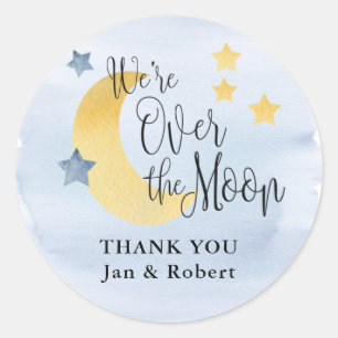 Over the Moon, Blue Watercolor Baby Shower Favour Classic Round Sticker