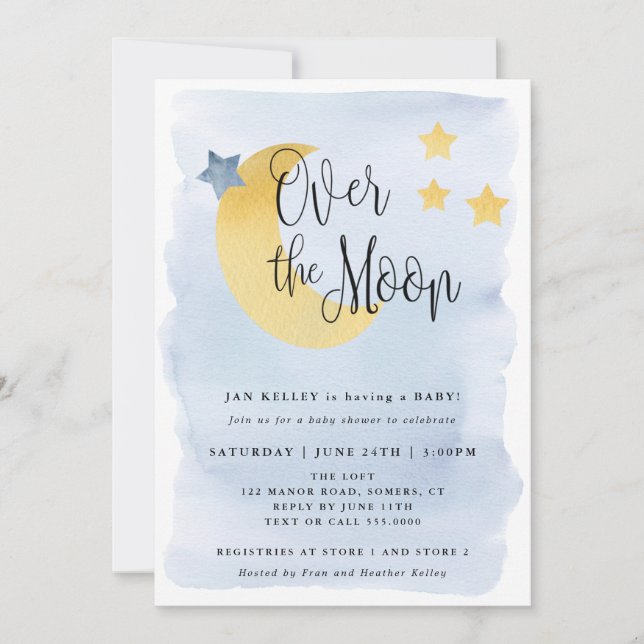 Over the Moon, Blue Watercolor Baby Shower Invitation (Front)