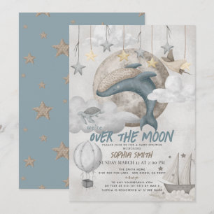 Over the Moon Blue Whale Boho Boy Baby Shower Invitation