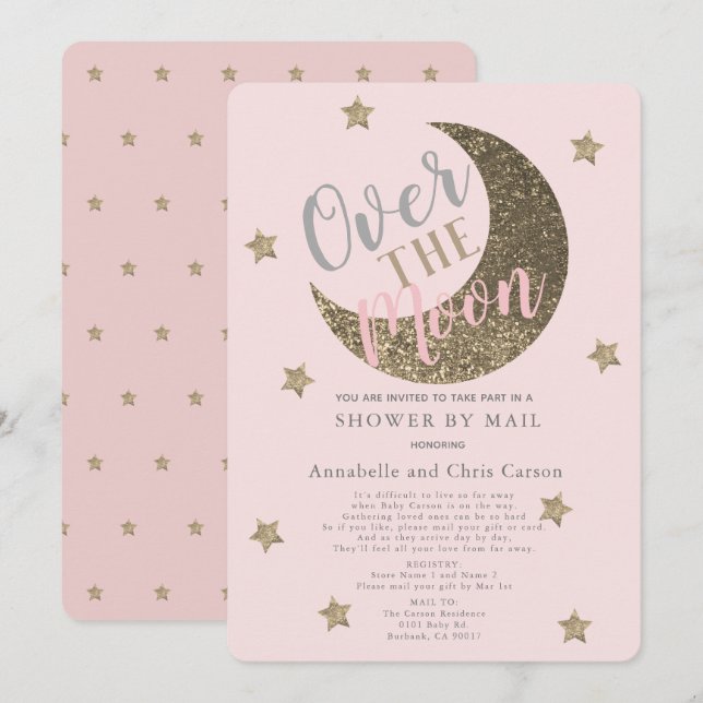 Over the Moon Blush Pink Baby Shower By Mail Invitation (Front/Back)