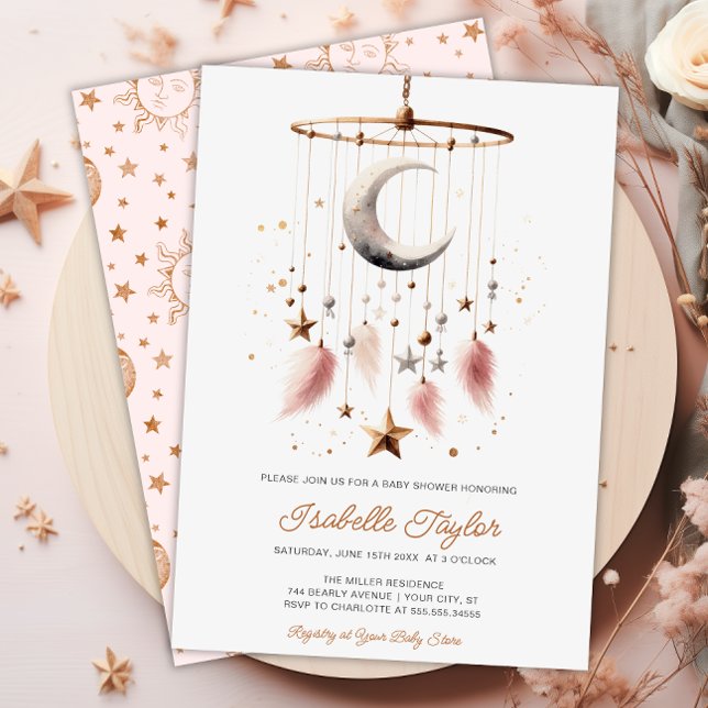 Over the Moon Boho Celestial Girl Baby Shower  Invitation (Over the Moon Boho Celestial Girl Baby Shower Invitation)