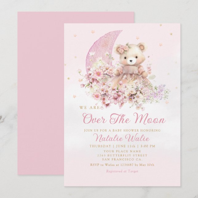 Over the Moon Boho Teddy Bear Girl Baby Shower Invitation (Front/Back)