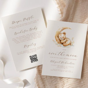 Over the Moon Boho Teddy Bear QR Code Baby Shower Invitation