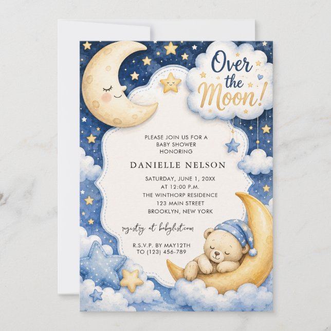 Over the Moon Boy Baby Shower Invitation (Front)