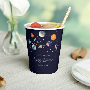 Over The Moon Boy Baby Shower Invite, Space Galaxy Paper Cups