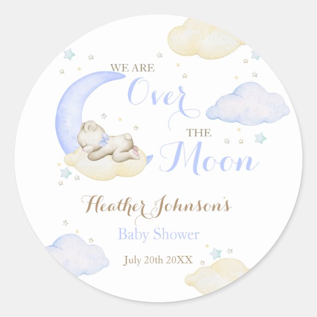 Over The Moon Boy Bear Baby Shower Classic Round Sticker (Front)