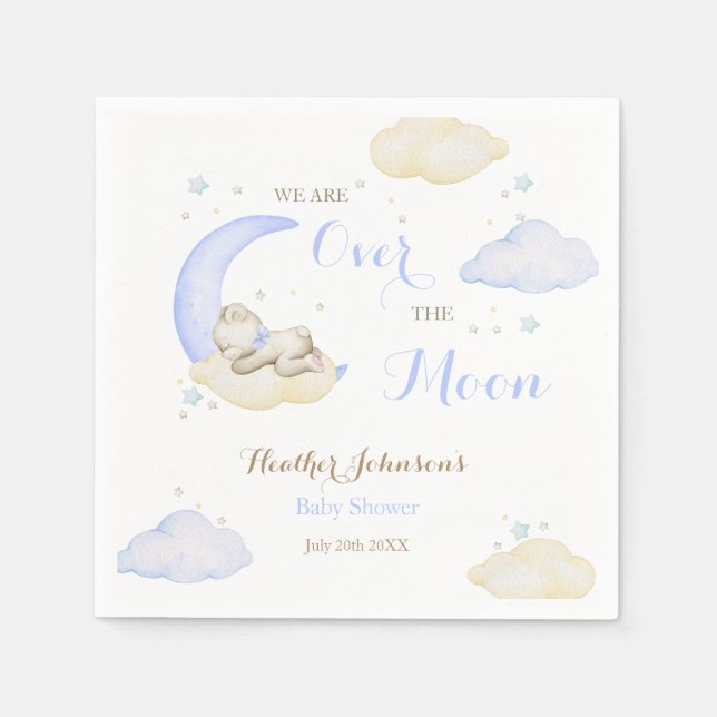 Over The Moon Boy Bear Baby Shower Napkin (Front)