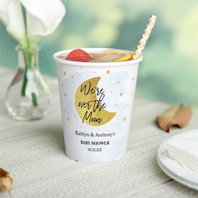 Over The Moon | Boys Baby Shower Paper Cups (Insitu)