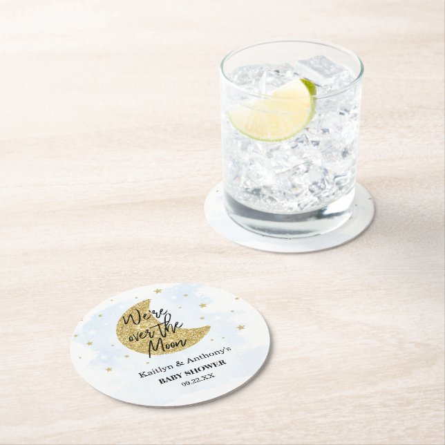 Over The Moon | Boys Baby Shower Round Paper Coaster (Insitu)