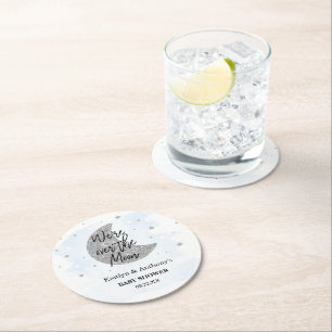 Over The Moon   Boys Baby Shower Round Paper Coaster