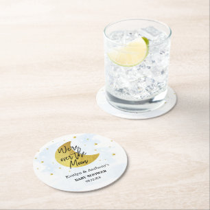 Over The Moon   Boys Baby Shower Round Paper Coaster