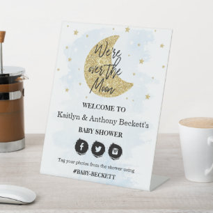 Over The Moon   Boys Baby Shower Welcome Pedestal Sign