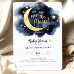 Over the Moon Celestial Baby Shower Stars Space Invitation<br><div class="desc">Celebrate the arrival of a new little star with this enchanting baby shower invitation, featuring a radiant golden moon and shimmering stars on a deep blue space background, all beautifully rendered in watercolors. The header, "We are over the Moon!", adds a touch of joy and excitement to this celestial-themed celebration....</div>