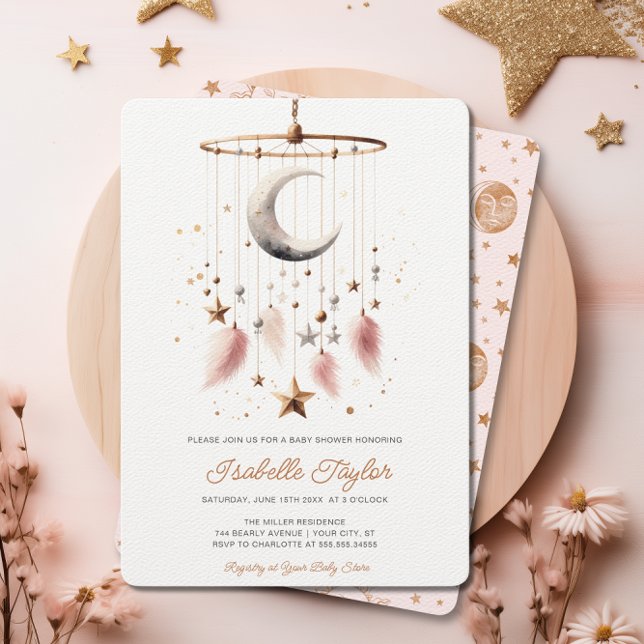 Over the Moon Celestial Pink Girl Baby Shower Chic Invitation (Over the Moon Celestial Pink Girl Baby Shower Chic Invitation)