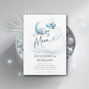Over the Moon Clouds Aeroplane Coed Baby Boy Showe Invitation