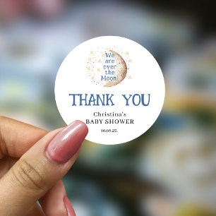 Over the Moon Cute Blue Boy Baby Shower Classic Round Sticker