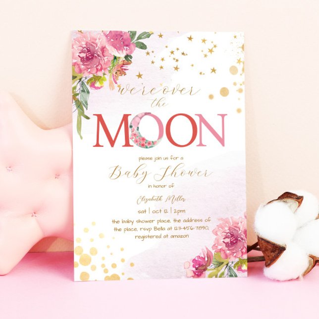 Over the Moon Cute Gold Stars Baby Girl Shower Invitation (Creator Uploaded)