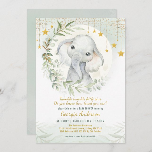 Over the Moon | Dreamy Greenery Gold Baby Shower Invitation (Front/Back)