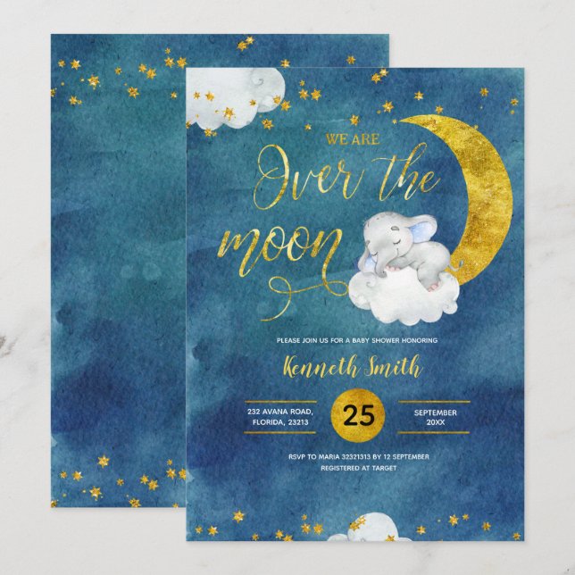 Over the Moon Elephant Baby Shower Invitation (Front/Back)