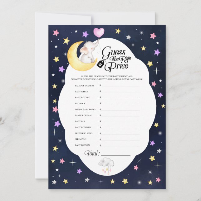 Over The Moon Elephant Baby Shower Price Game Invitation (Front)