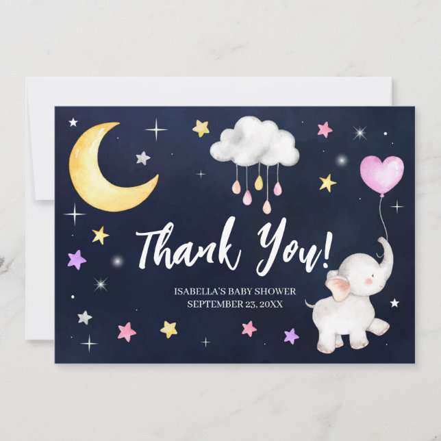 Over The Moon Elephant Baby Shower Thank You Card (Front)